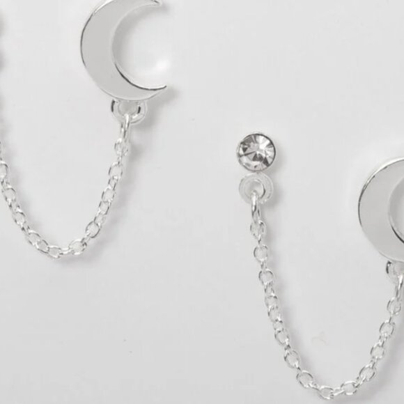 Icing Embellished Moon Connector Chain Stud Earrings Silver - Picture 1 of 3